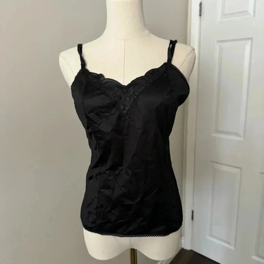 Vintage black nylon and lace cami M - Picture 2 of 5